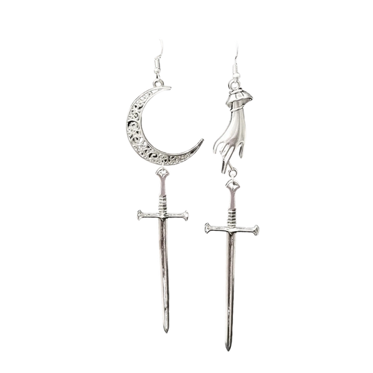 Gothic Hand and Moon Sword Earrings